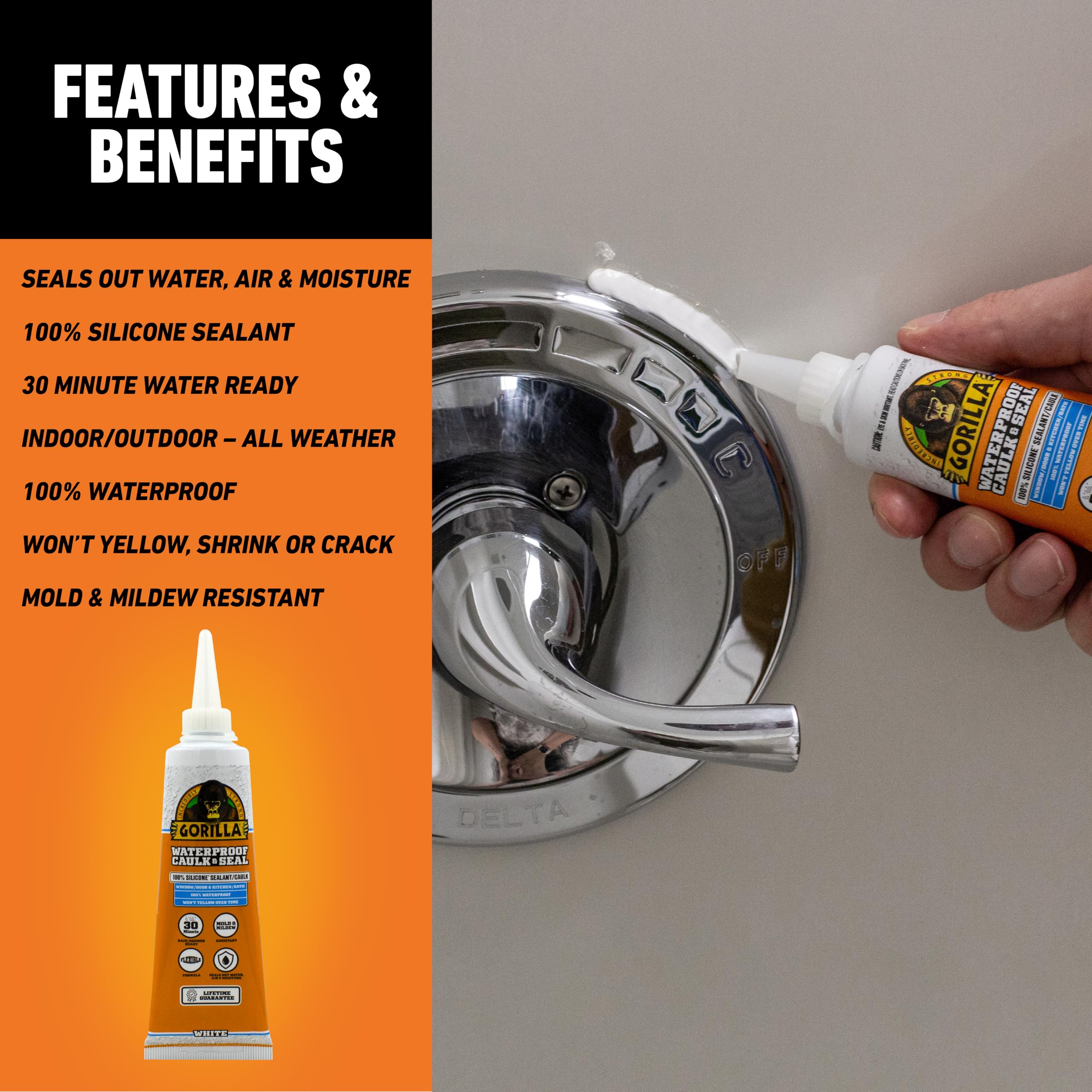 Gorilla 100% Silicone Caulk, Waterproof Sealant, 2.8oz Squeeze Tube (Pack of 2) – White -10 Year Mold Resistant Kitchen, Window, Bath, Marine, Door and More - Image 3