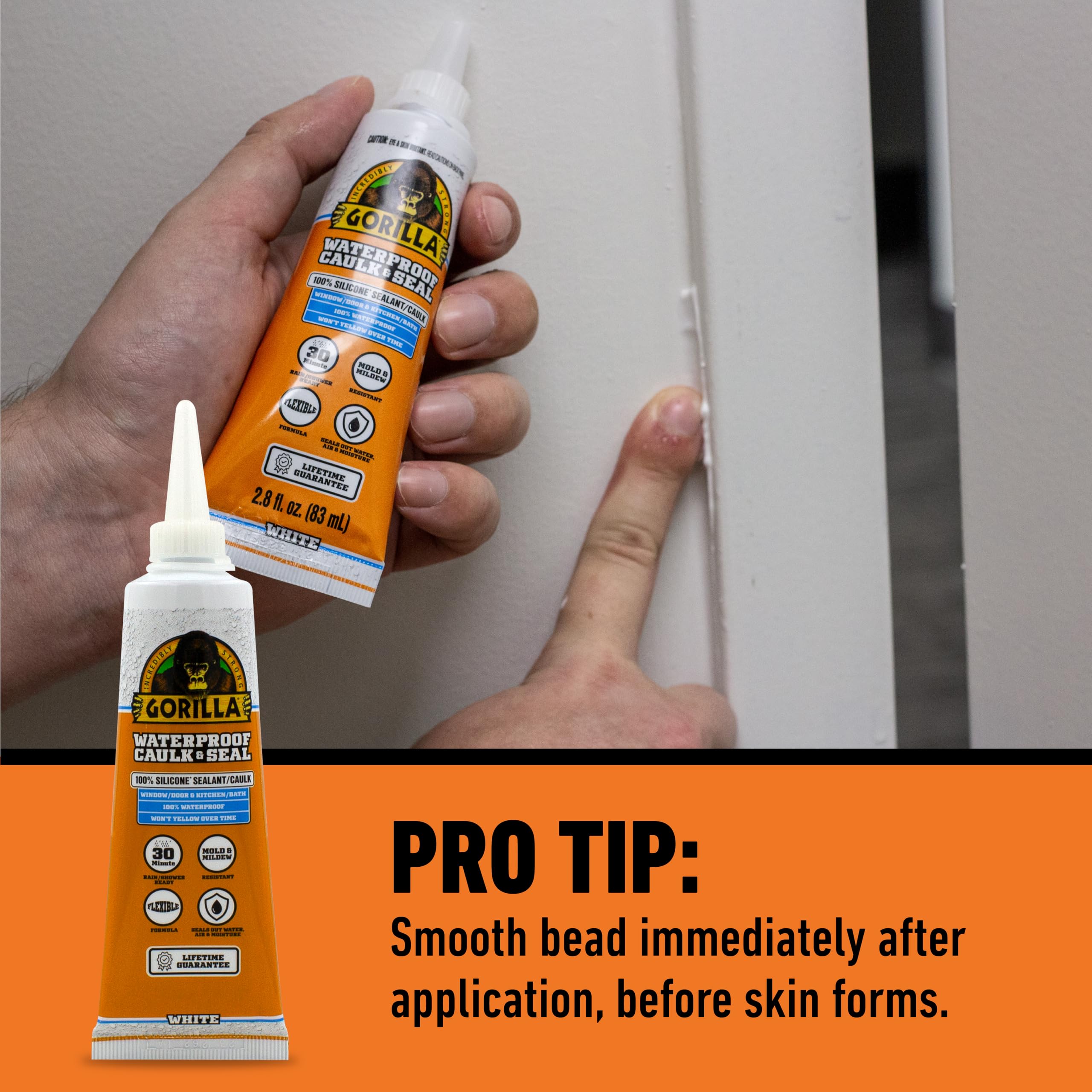 Gorilla 100% Silicone Caulk, Waterproof Sealant, 2.8oz Squeeze Tube (Pack of 2) – White -10 Year Mold Resistant Kitchen, Window, Bath, Marine, Door and More - Image 4