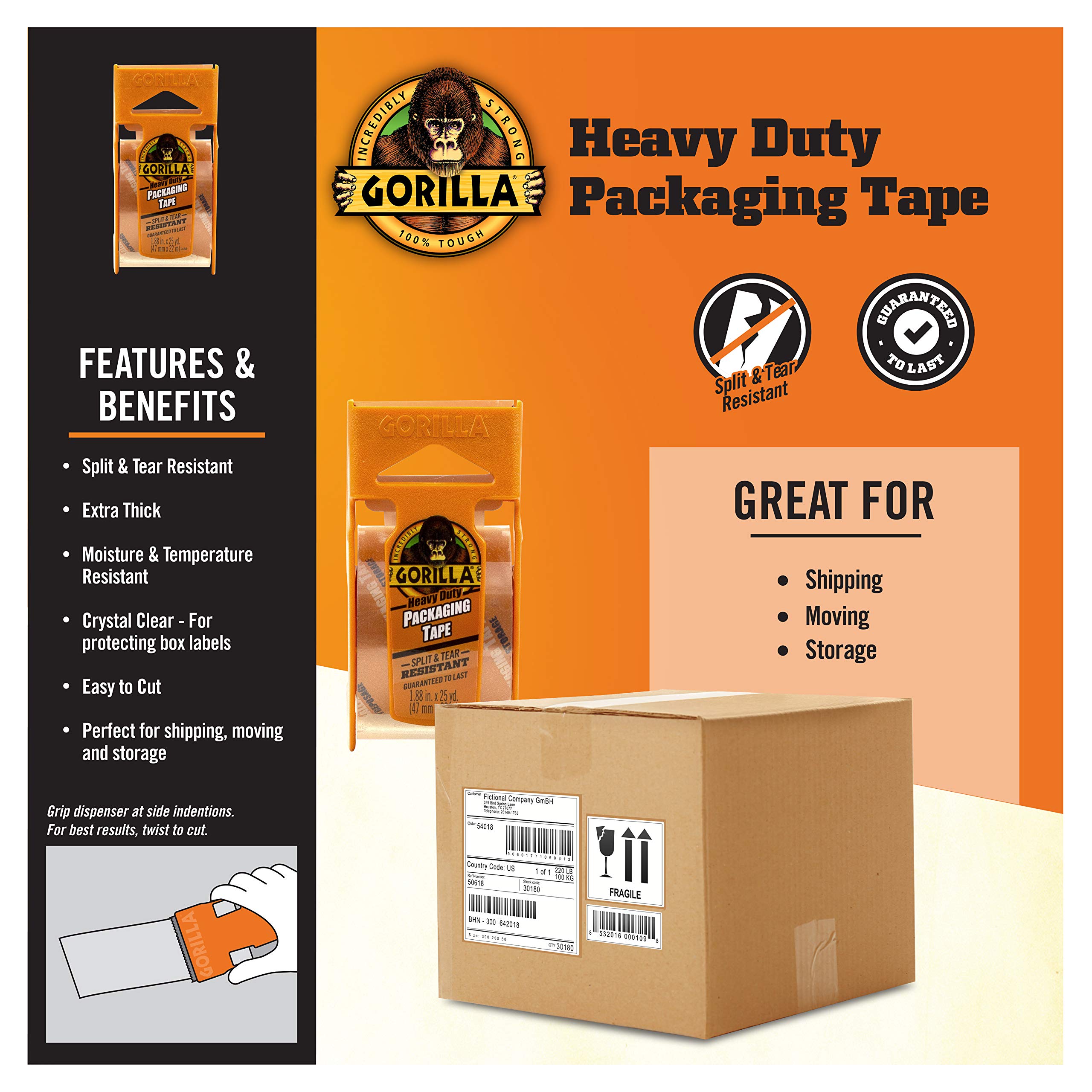 Gorilla Heavy Duty Packing Tape with Dispenser for Moving, Shipping and Storage, 1.88" x 25 yd, Clear, (Pack of 4) - Image 4
