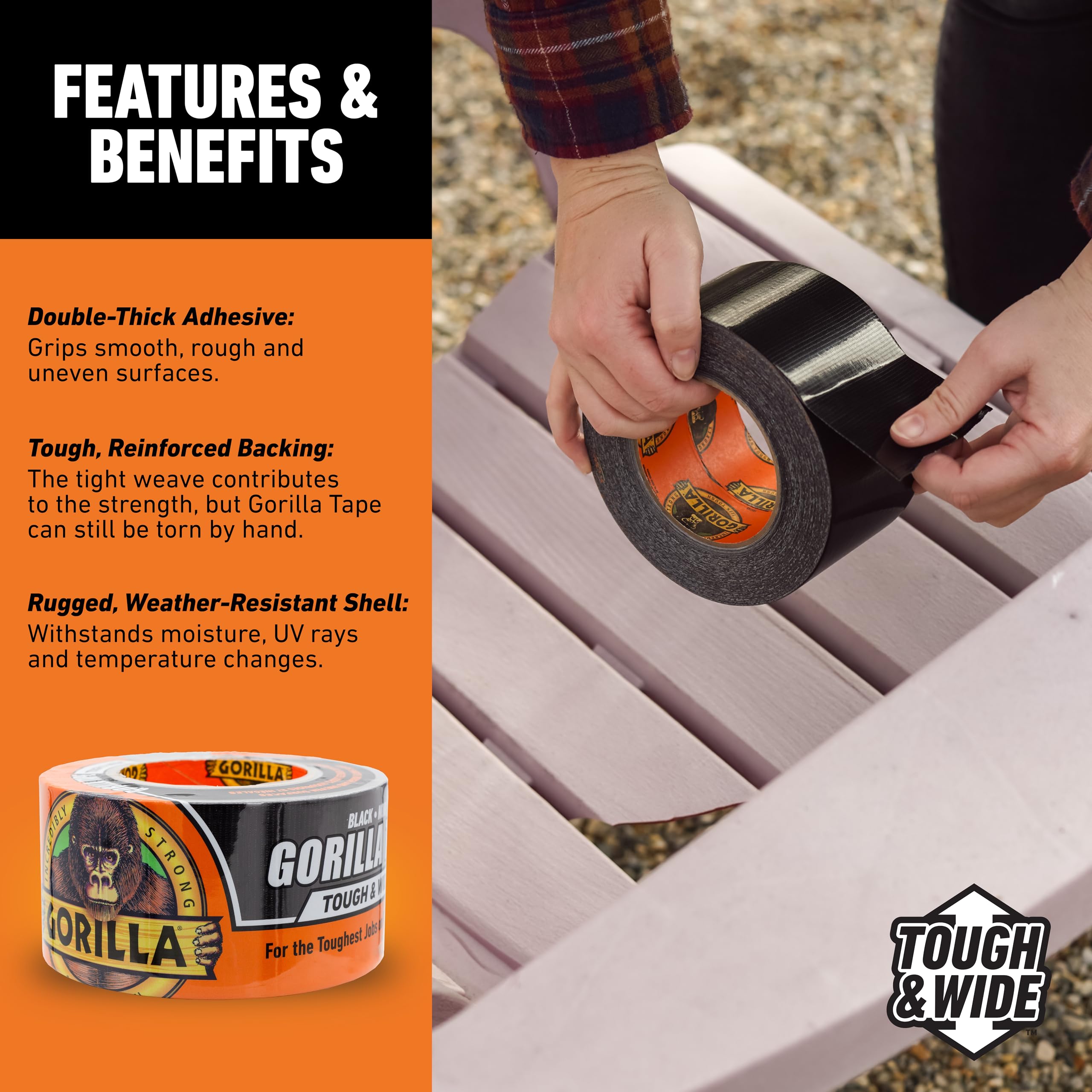 Gorilla Tape Tough & Wide, Black Tape, 2.88" x 25 yd (Pack of 4) - Heavy Duty and Weather Resistant for Indoor or Outdoor - Image 3