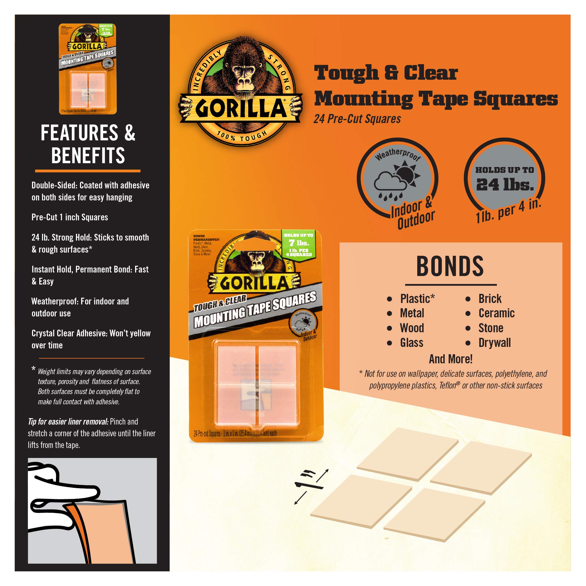 Gorilla Tough & Clear Double Sided Tape Squares, 24 1" Pre-Cut Mounting Squares, Clear, (Pack of 2) - Image 3