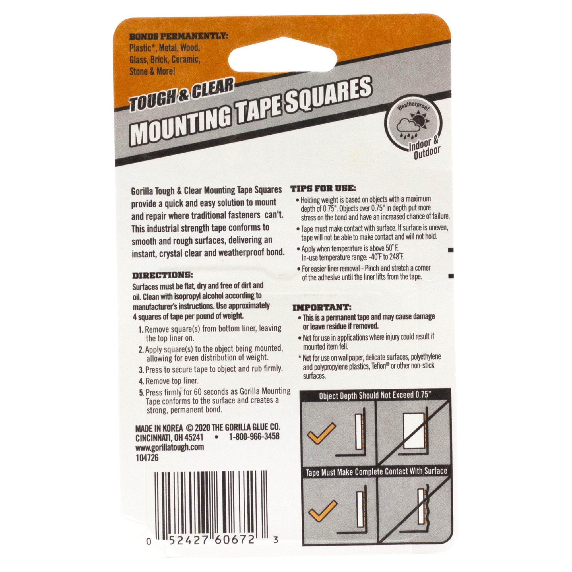Gorilla Tough & Clear Double Sided Tape Squares, Clear Tape, 24 1" Pre-Cut Mounting Squares (Pack of 6) - Image 3