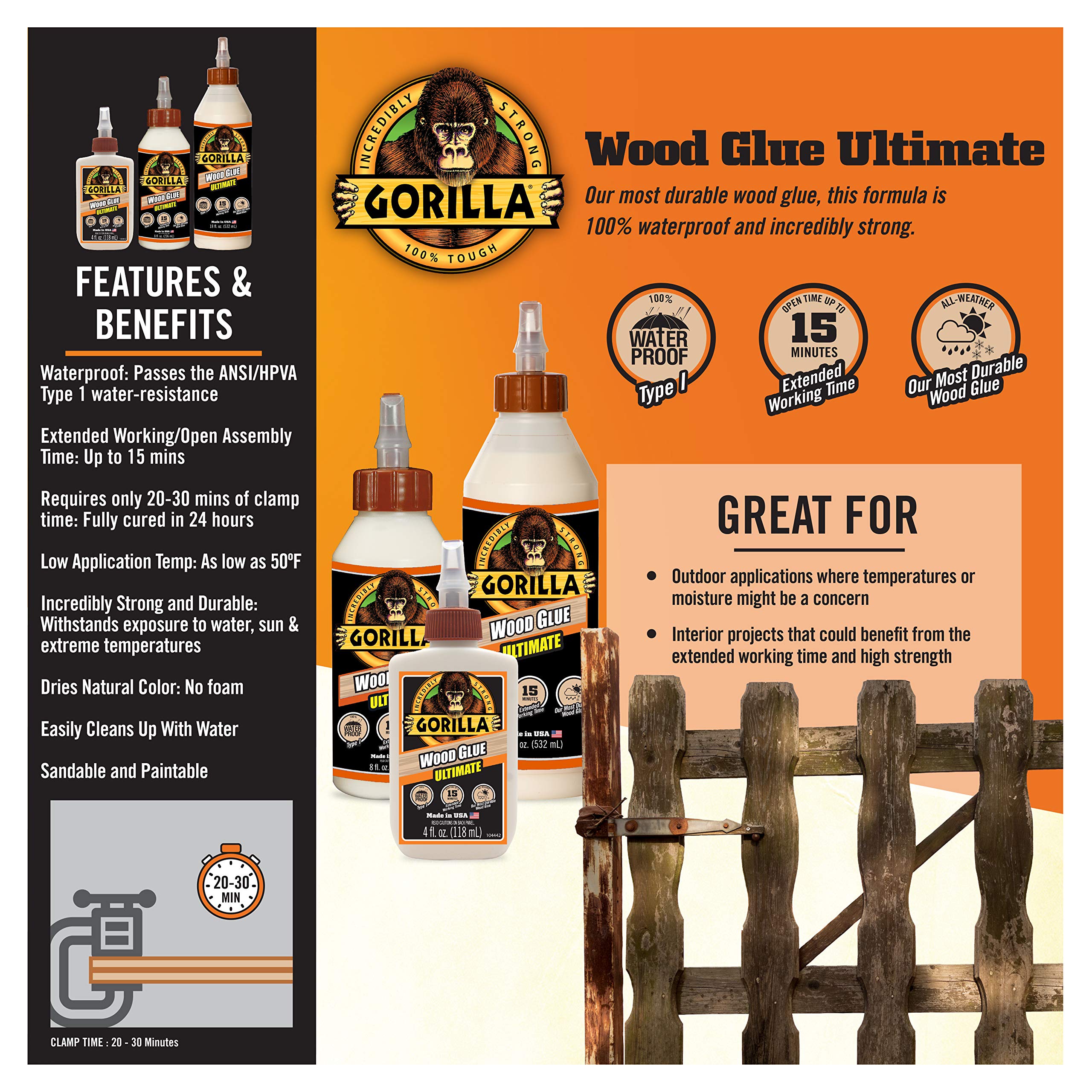 Gorilla Ultimate Waterproof Wood Glue, Natural Wood Color, 8 Ounce (Pack of 6) - Waterproof for Indoor or Outdoor Projects and Repairs - Image 3